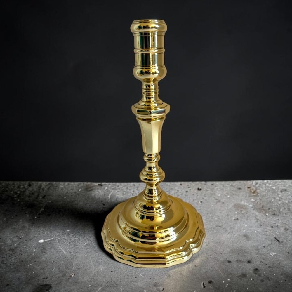 Baldwin Solid Brass Candlestick‎ Holder Scalloped Base Polished Gold Tone USA